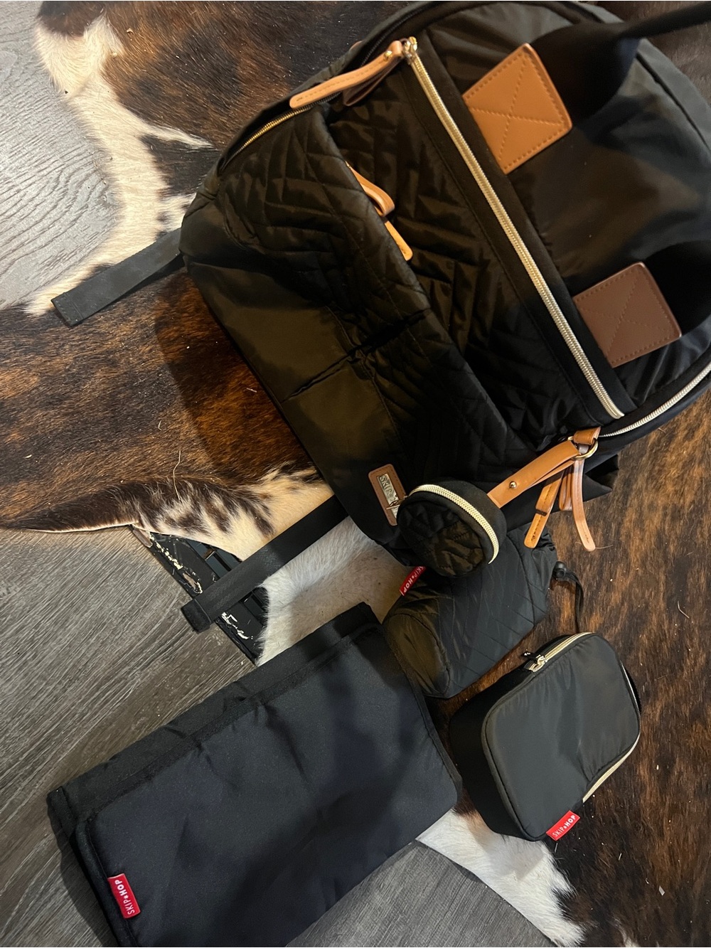 Black Quilted diaper bag w brown & gold accents